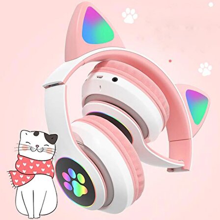Coofbe Yeni Nesil Katlanabilir Led Işık Kedi Kulaklık Tasarımlı Kulaküstü Bluetooth Kulaklık 360mAh