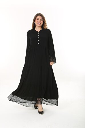 Shine Kadın Hüner Büyük Beden Volanlı Danteli Viskon Siyah Elbise