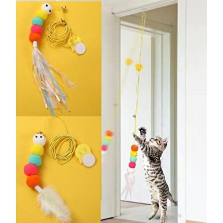    Kendinden Yapışkanlı Kedi Oyun Oltası Elastik Tüylü Kedi Oyuncağı  2 metre ayarlanabilir ölçüÇıngıraklı Kedi Oyun Oltası 