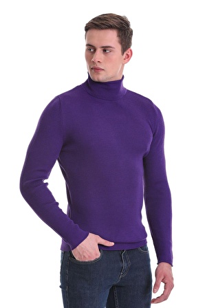 Mor Slim Fit Fitilli Balıkçı Yaka Yünlü Triko Kazak | XXL