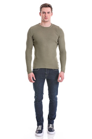 Yeşil Slim Fit Fitilli Bisiklet Yaka Yünlü Triko Kazak | L