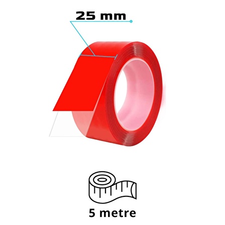 S-Dizayn Çift Taraflı Bant 25mm x 5 Metre Şeffaf Silikon VHB Bant 24'lü Koli A+Kalite