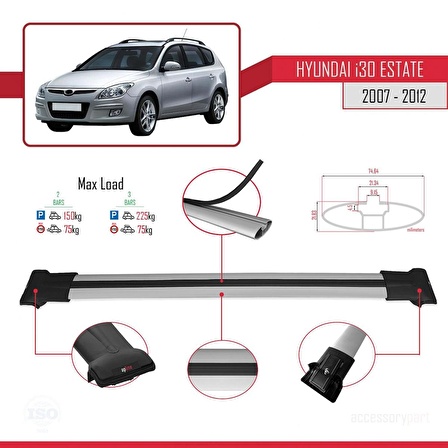 Hyundai İ30 ESTATE 2007-2012 Arası ile uyumlu FLY Model Ara Atkı Tavan Barı GRİ