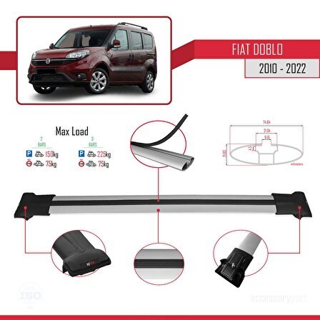 Fiat Doblo 2010-2022 Arası ile uyumlu FLY Model Ara Atkı Tavan Barı GRİ