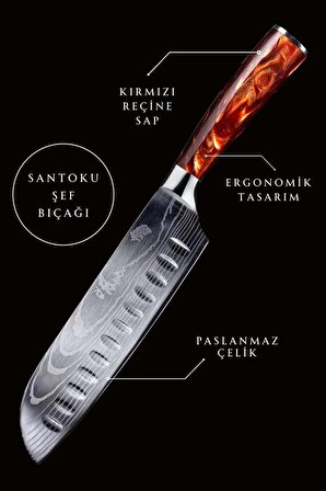 Japon Santoku Şef Bıçağı ( Kırmızı Reçine Sap )