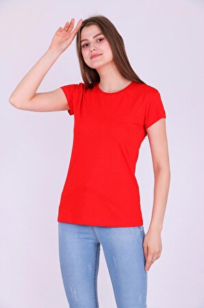 Kırmızı Renk %100 Pamuk Bisiklet Yaka Basic Baskısız Kadın Örme Kısa Kollu Tshirt