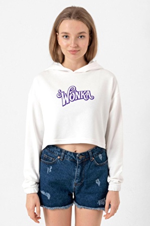 TEST Wonka Logo Ekru Kadın Crop Kapşonlu