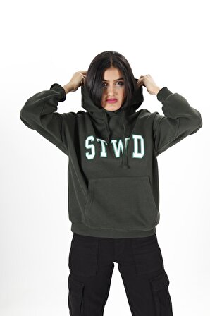 Kadın Koyu 3 iplik şardonlu Cepli Kapüşonlu STWD Desenli Sweatshirt