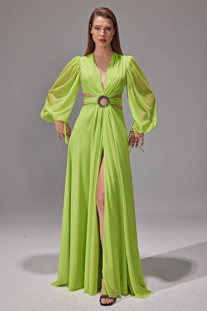 Şeref Vural Kadın Uzun Kollu Şifon Abiye Elbise 8135 Elma Yeşili