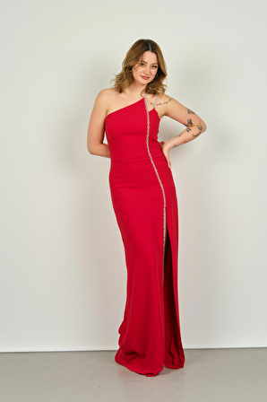 Şeref Vural Kadın Straplez Tek Omuz Taş Askılı Derin Yırtmaçlı Uzun Abiye Elbise 8218 Kırmızı