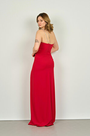 Şeref Vural Kadın Straplez Tek Omuz Taş Askılı Derin Yırtmaçlı Uzun Abiye Elbise 8218 Kırmızı