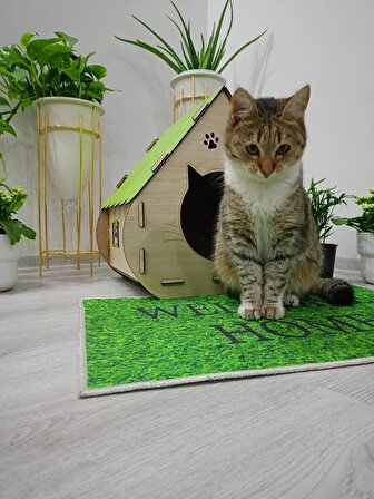 Kedi Evi -Yeşil çatı - M - Kedi Yuvası - Ahşap *Kitty Box*