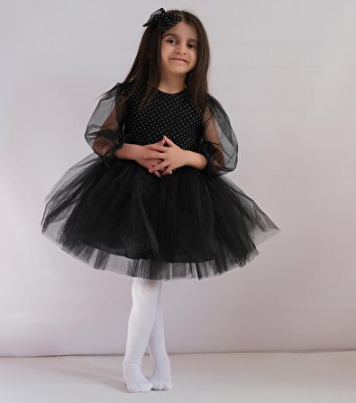 Kız Çocuk Abiye Siyah Parıltılı Tütü Etekli Uzun Kol Kabarık Parıltılı Abiye Elbise