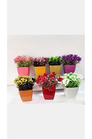 Mini Saksılı Yapay Çiçek Dekoratif Plastik Çiçek Plastik Saksılı Dekoratif Süs Çiçeği 12 Dal 3 ADET