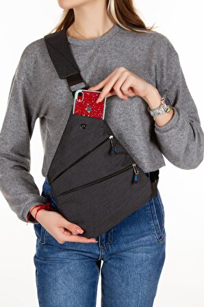 Siyah Heybe Omuz Göğüs Çantası Telefon Bölmeli Çapraz Çanta Slim Body Bag