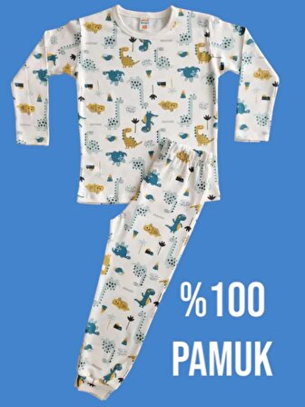 Uzun Kollu Desenli Çocuk Pijama Takım #baskılıçocukpijamatakım #çamaşırbahçesi #dinazordesenli