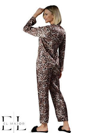 EL Major Kadın Leopar desenli Saten Uzun Kollu Pijama Takımı