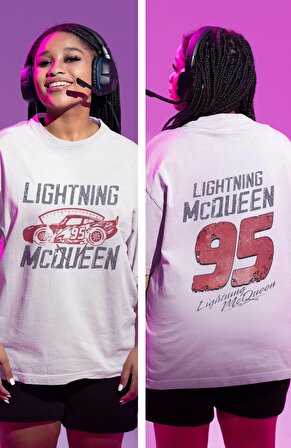 Lightning McQeen Sırt Baskılı Tişört, Unisex Oversize Şimşek McQueen Tshirt