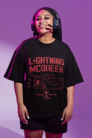 Lightning Mcqueen Arabalar Baskılı Tişört, Unisex Oversize Şimşek Mcqueen Yazılı Tshirt