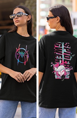 Spider Gwen Yazılı Sırt Baskılı Tişört, Unisex Oversize Spiderverse Baskılı T-shirt