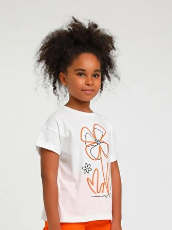 Escabel Turuncu Çiçek Likralı Kısa Kol T-Shirt ( 5 - 9 Size )
