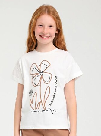 Escabel Kahverengi Çiçek Likralı Kısa Kol T-Shirt ( 5 - 9 Size )