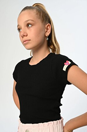 Marions Siyah Fitilli Crop Basic T-Shirt ( 9-14 Size )