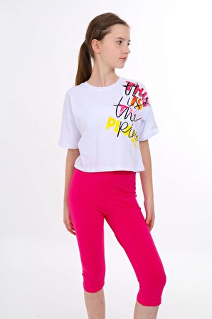 Marions Beyaz-Fuşya Crop Basic T-Shirt ( 9-14 Size )