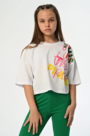 Marions Beyaz-Yeşil Crop Basic T-Shirt ( 9-14 Size )