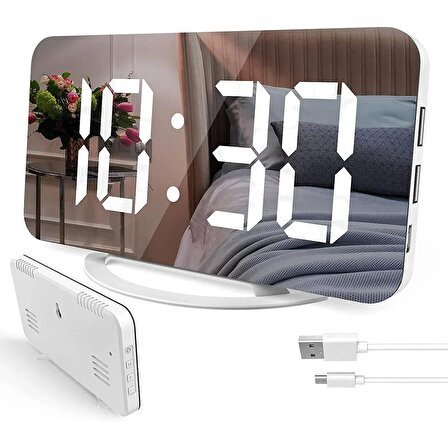 TechTic Aynalı Çift USB’li Masa Saati Alarmlı Termamotre Dijital LED Ekran Takvimli Duvar Saati Ev Ofis İçin Masa Saati