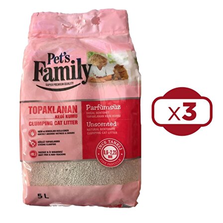 Pets Family Topaklanan Kedi Kumu Parfümsüz İnce 5 L x 3 Adet (15 kg)