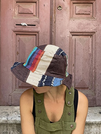 Bohem Unisex Nepal Pure Hemp Patchwork Şapka, Yazlık Şapka, Etnik Şapka, Vegan Şapka, Renkli Şapka