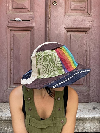 Bohem Unisex Nepal Pure Hemp Patchwork Şapka, Yazlık Şapka, Etnik Şapka, Vegan Şapka, Renkli Şapka