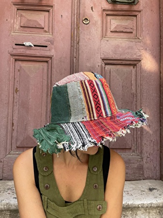 Bohem Unisex Nepal Pure Hemp Patchwork Şapka, Yazlık Şapka, Etnik Şapka, Vegan Şapka, Renkli Şapka