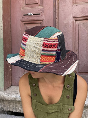 Bohem Unisex Nepal Pure Hemp Patchwork Şapka, Yazlık Şapka, Etnik Şapka, Vegan Şapka, Renkli Şapka