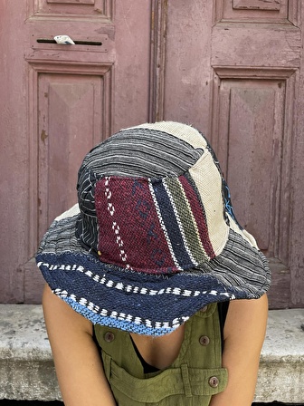 Bohem Unisex Nepal Pure Hemp Patchwork Şapka, Yazlık Şapka, Etnik Şapka, Vegan Şapka, Renkli Şapka