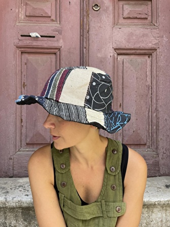 Bohem Unisex Nepal Pure Hemp Patchwork Şapka, Yazlık Şapka, Etnik Şapka, Vegan Şapka, Renkli Şapka