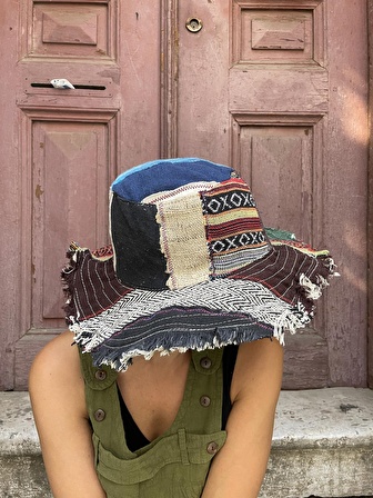 Bohem Unisex Nepal Pure Hemp Patchwork Şapka, Yazlık Şapka, Etnik Şapka, Vegan Şapka, Renkli Şapka