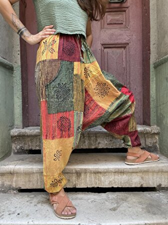 Unisex Nepal Patchwork Pantolon, Salaş Pantolon, Rahat Pantolon, Renkli Şalvar
