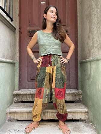 Unisex Nepal Patchwork Pantolon, Salaş Pantolon, Rahat Pantolon, Renkli Şalvar