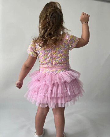 Kız Çocuk Payetli Kat Kat Tüllü Bayramlık Elbise