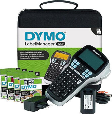 DYMO LabelManager 420P yüksek performanslı etiketleme aleti, çantalı, Taşınabilir etiket cihazı, ABC klavye, ekstra tekerlekli Dymo 4 Adet D1 yazı bandı, PC veya Mac arayüzlü