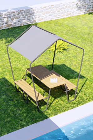 Yekta Modüler Kamelya Tenteli Bahçe Masası 6 Kişilik Piknik Masası