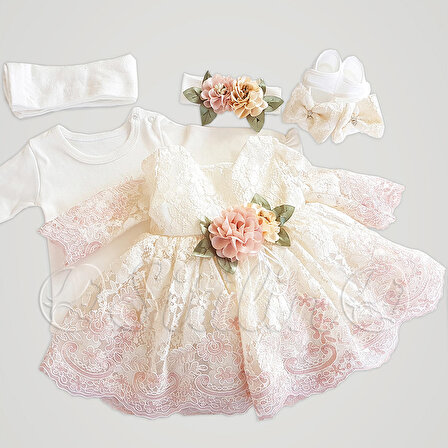 Kız Bebek Mevlüt Elbisesi Gelinlik Fransız Dantelli Takımı  0-3 AY 10020 4005