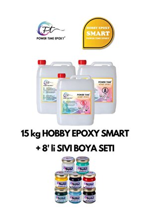 15 kg Hobby Epoxy Smart + 8'li Sıvı Epoksi Boya Seti/ Şeffaf Epoksi Reçine Ince Döküm