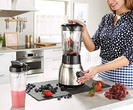 Russell Hobbs Cam Steel 2'si 1 arada blender taşınabilir bardak ve kapak dahil 1,5 l cam kap mikser 0,8 PS motor darbe buz kırma fonksiyonu mini Smoothie makinesi