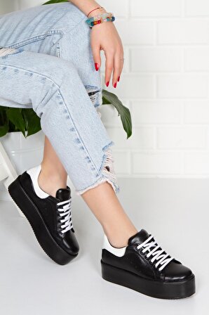 mlt0013-2930 Kadın Günlük Hakiki Deri Sneaker Comfort yüksek taban  Casual Ayakkabı /SIYAH/38 