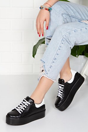 mlt0013-2930 Kadın Günlük Hakiki Deri Sneaker Comfort yüksek taban  Casual Ayakkabı /SIYAH/38 