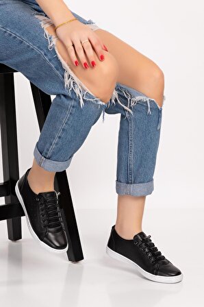 Kadın Hakiki Deri Ortopedik Siyah Sneaker Ayakkabı