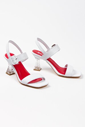 Mia stilo-Z1620-2  Hakiki Deri Kadın Kristal Topuklu Beyaz Ayakkabı